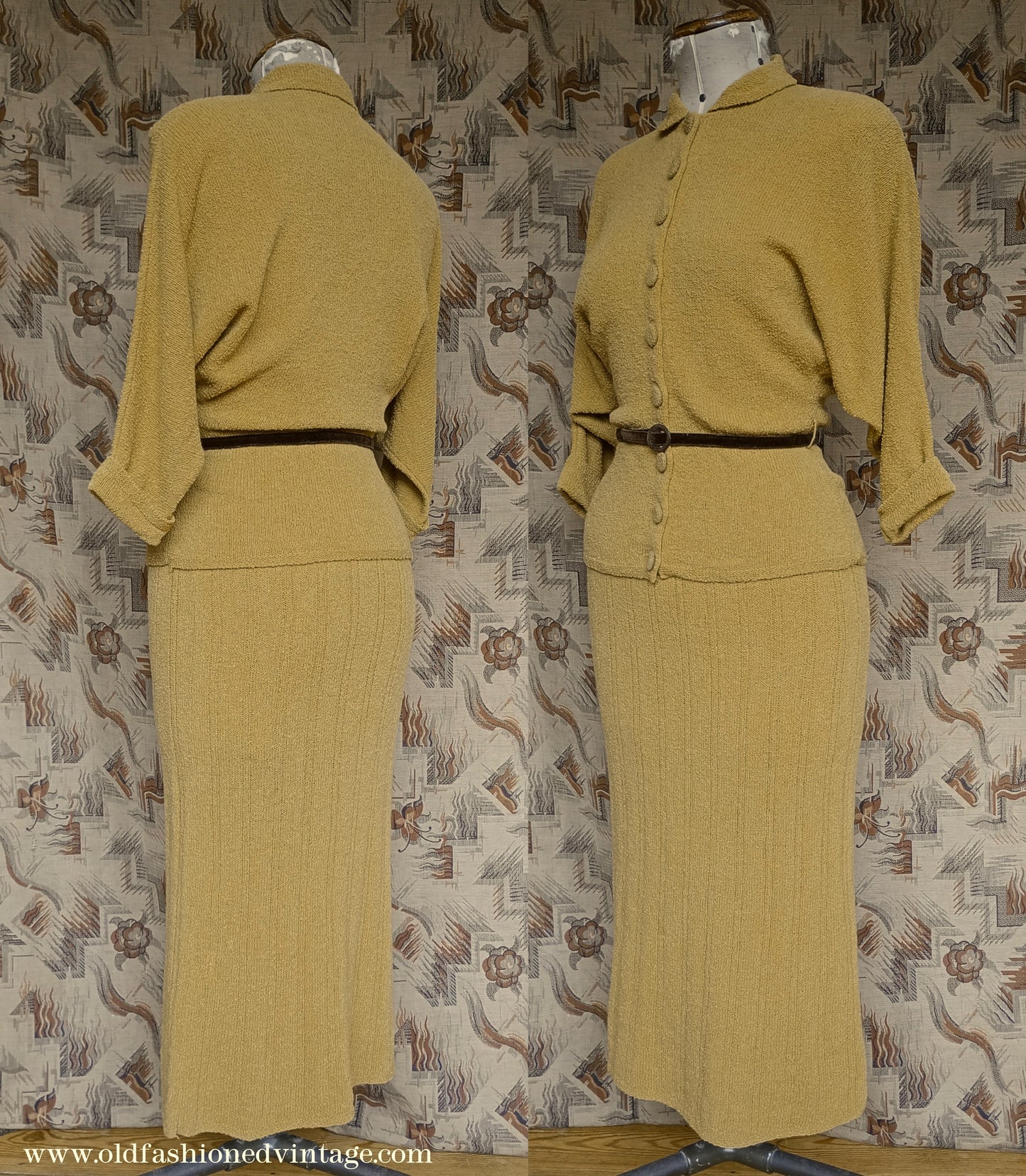 Vintage 1950s Mustard Wool Knit Set Sweater Skirt UK S/M