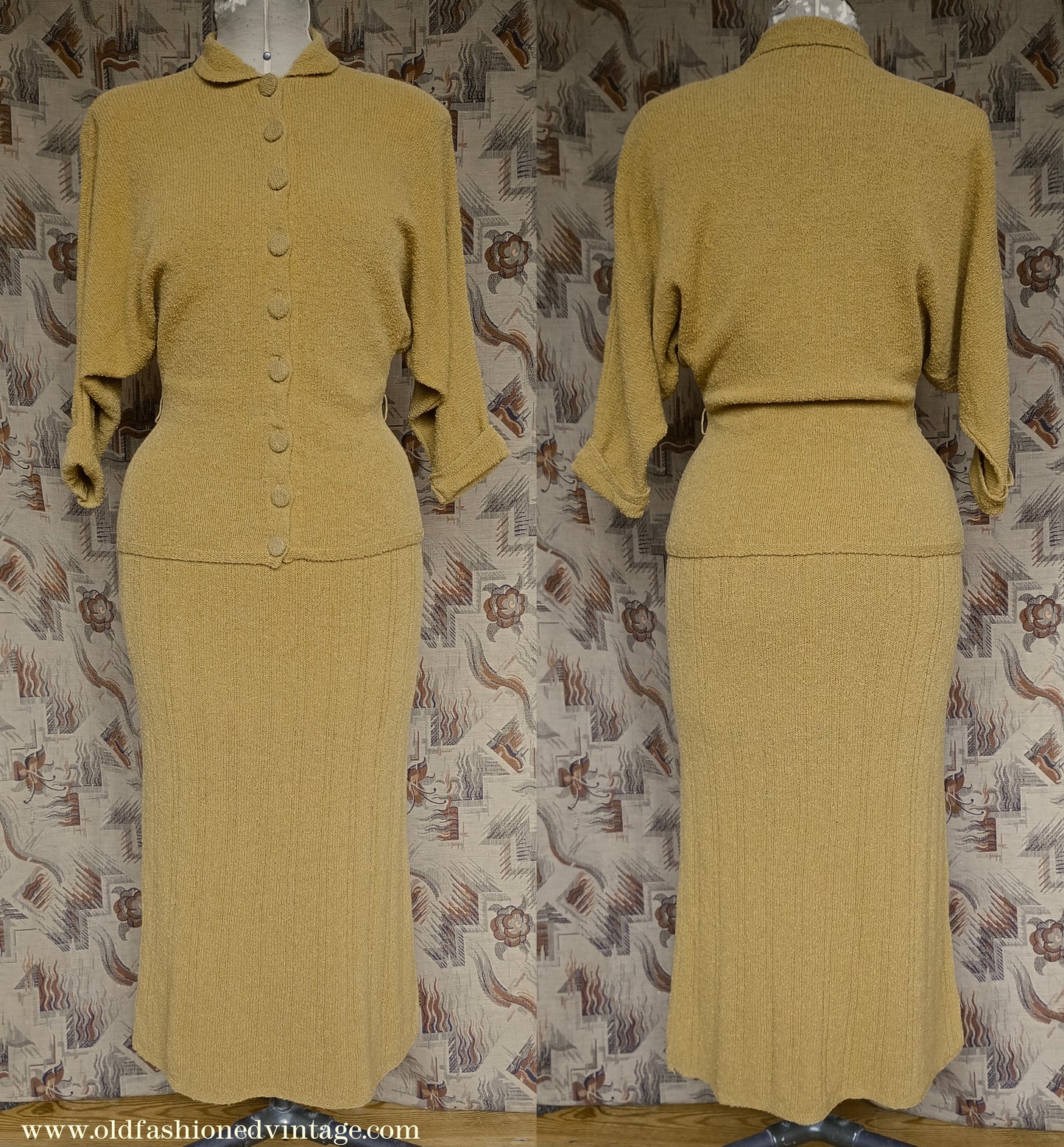 Vintage 1950s Mustard Wool Knit Set Sweater Skirt UK S/M