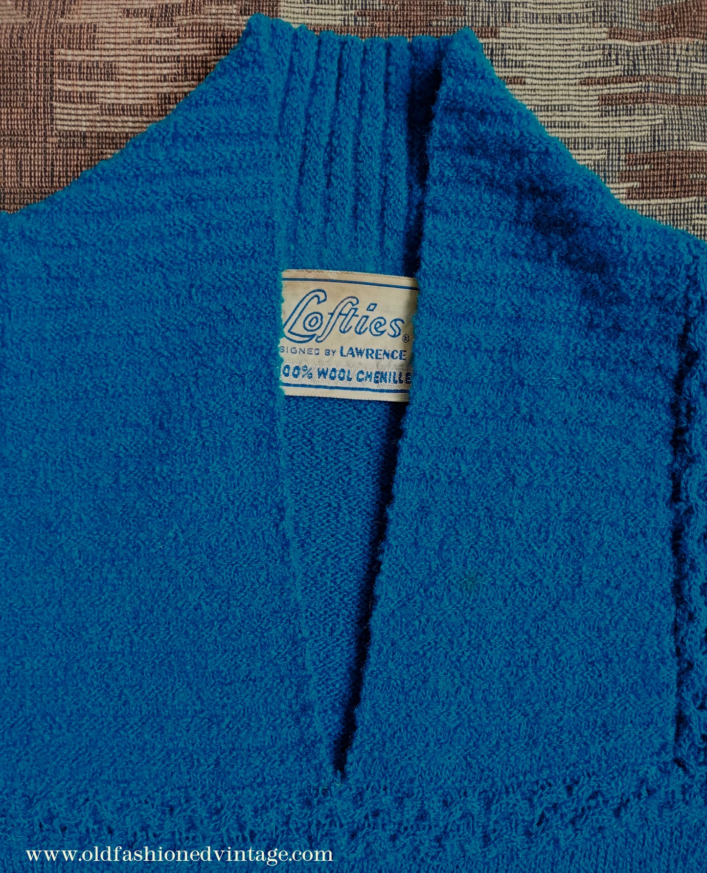 Vintage 1950s 40s Lofties Wool Chenille Sweater Peacock Blue Sweater UK S