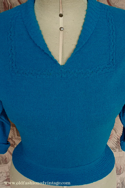 Vintage 1950s 40s Lofties Wool Chenille Sweater Peacock Blue Sweater UK S