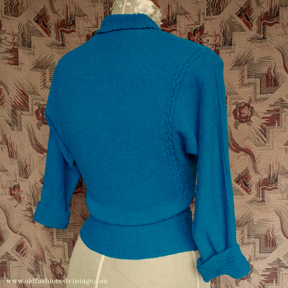 Vintage 1950s 40s Lofties Wool Chenille Sweater Peacock Blue Sweater UK S