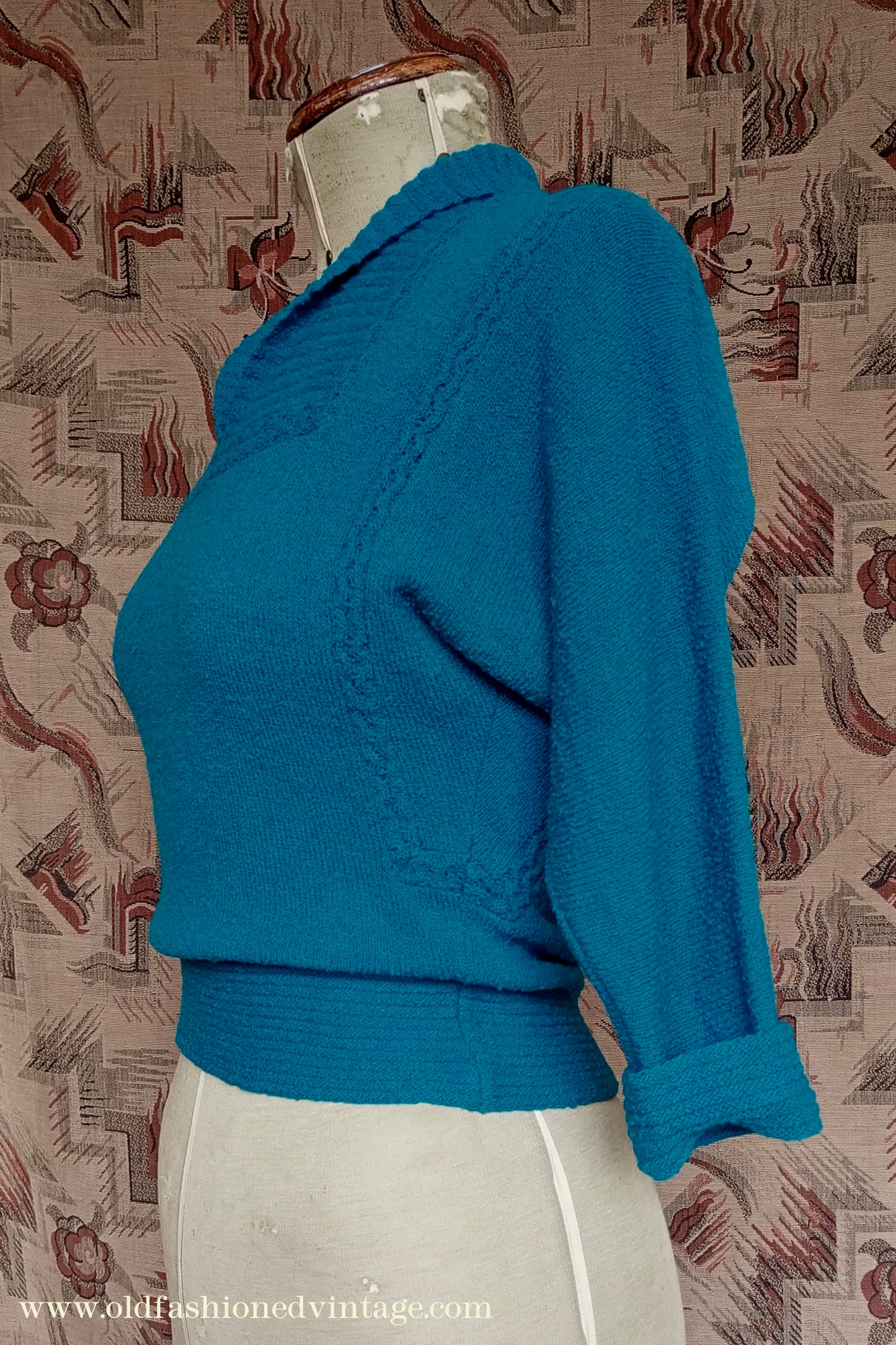 Vintage 1950s 40s Lofties Wool Chenille Sweater Peacock Blue Sweater UK S