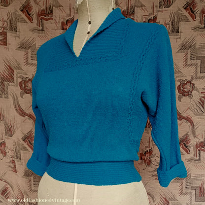 Vintage 1950s 40s Lofties Wool Chenille Sweater Peacock Blue Sweater UK S