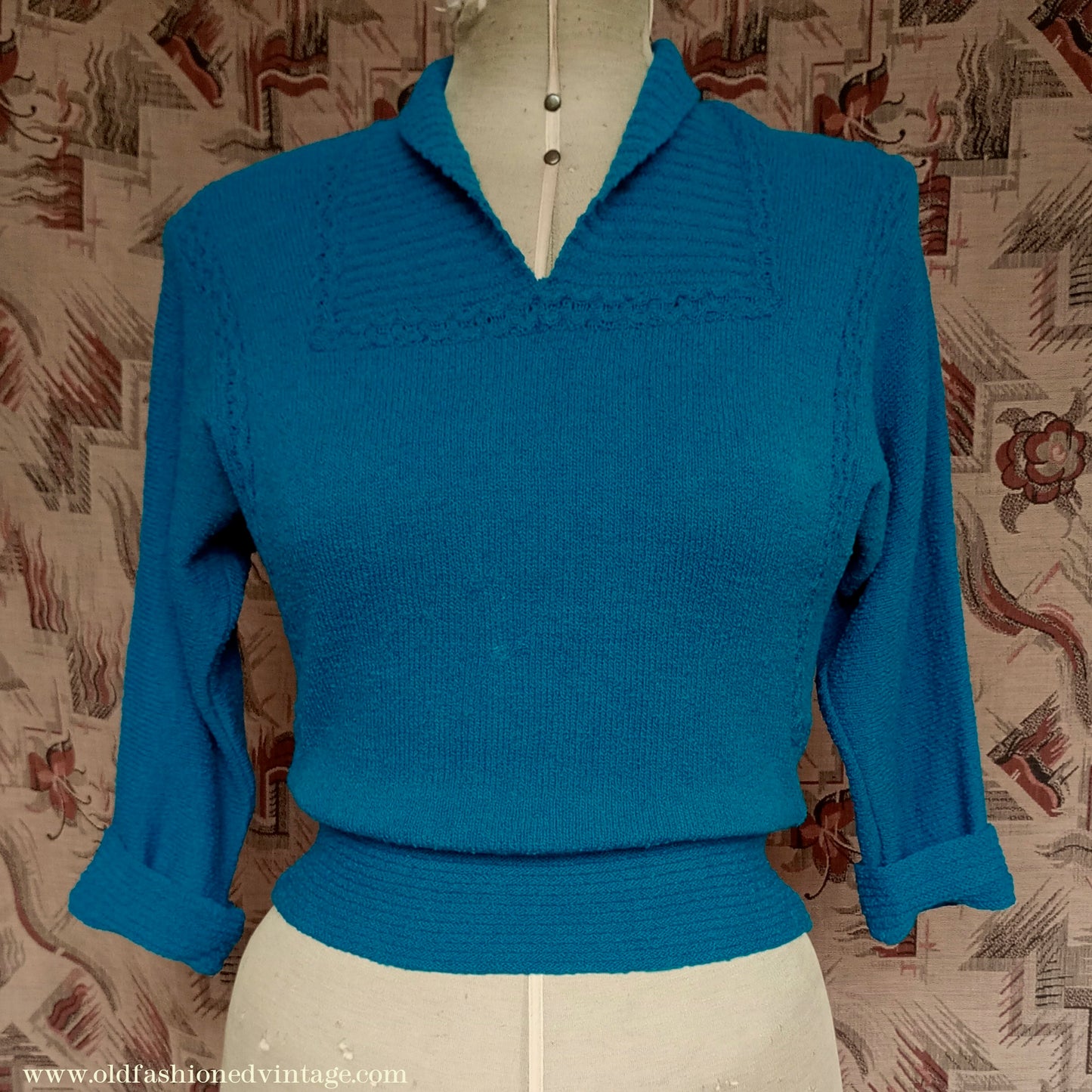 Vintage 1950s 40s Lofties Wool Chenille Sweater Peacock Blue Sweater UK S