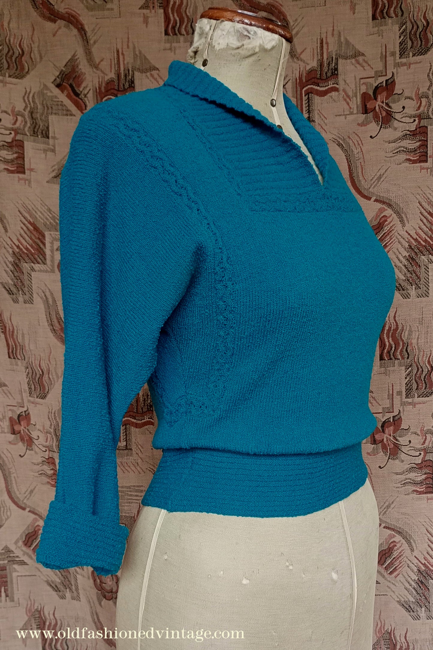 Vintage 1950s 40s Lofties Wool Chenille Sweater Peacock Blue Sweater UK S