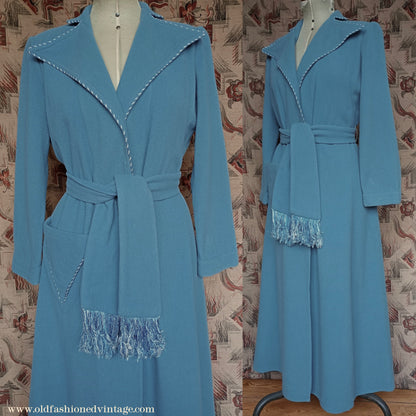 Vintage CC41 1940s Housecoat Dressing Gown Blue Wool Robe UK S/M