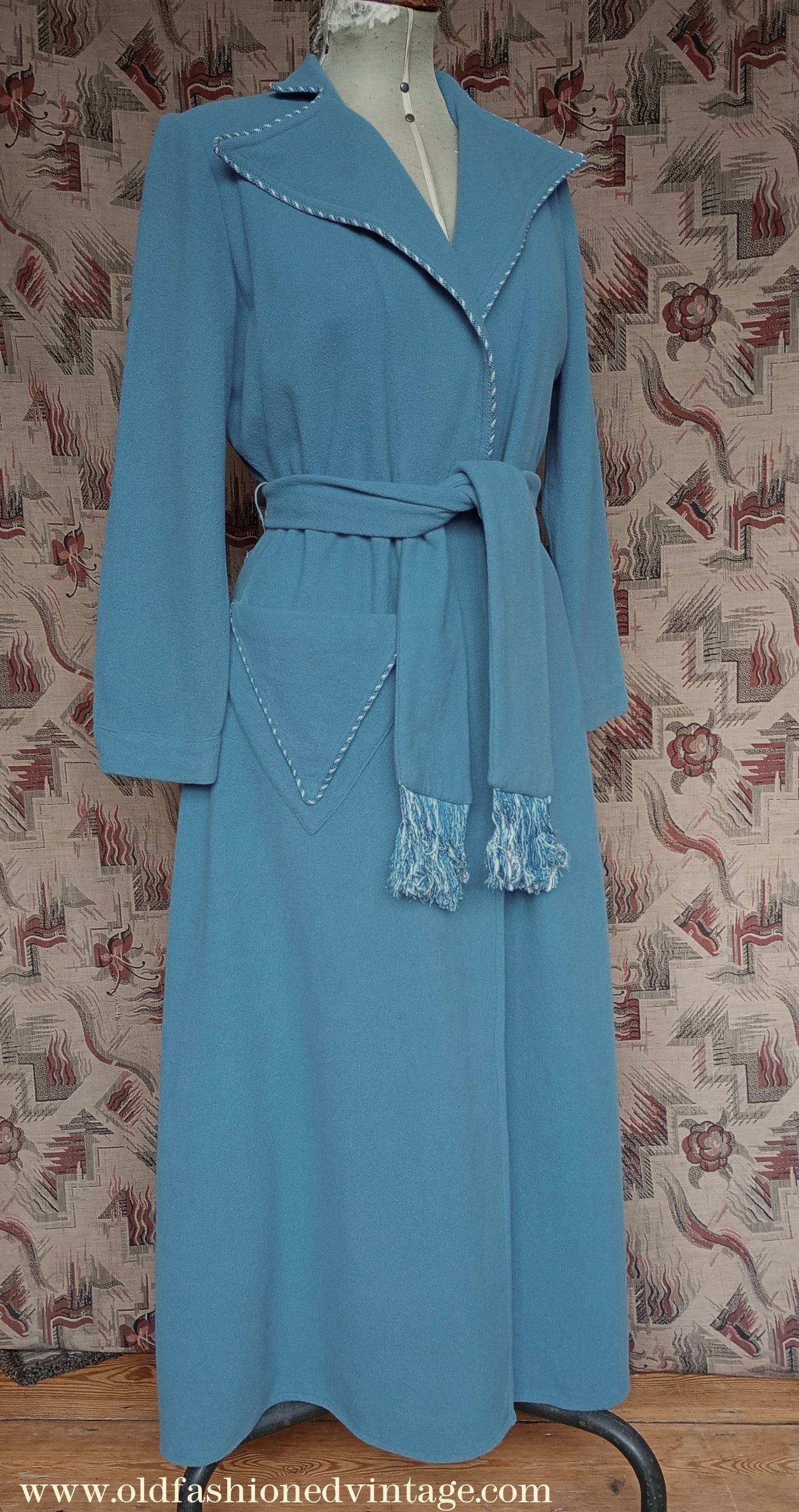 Vintage CC41 1940s Housecoat Dressing Gown Blue Wool Robe UK S/M