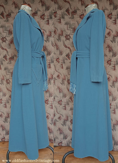 Vintage CC41 1940s Housecoat Dressing Gown Blue Wool Robe UK S/M