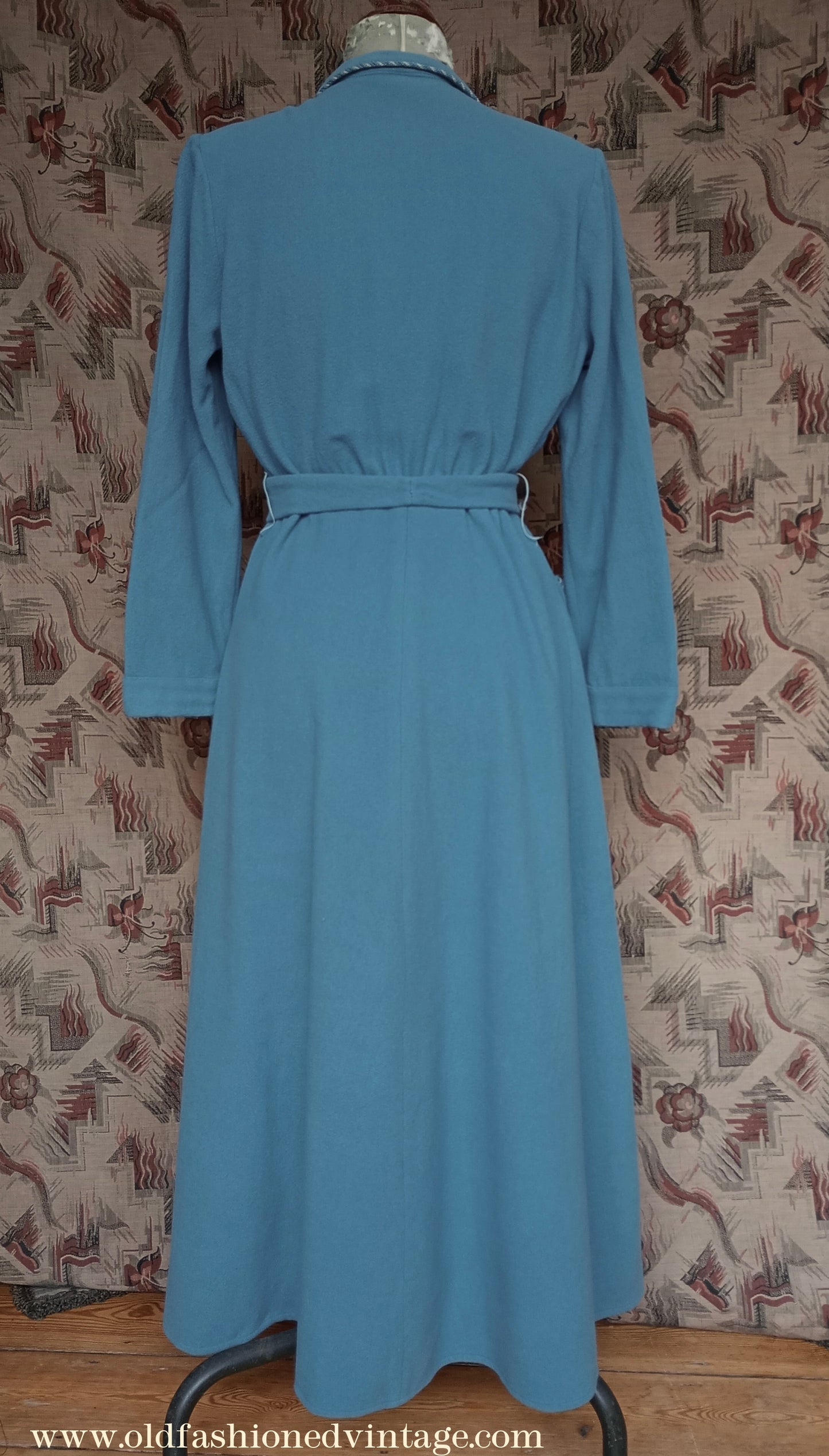 Vintage CC41 1940s Housecoat Dressing Gown Blue Wool Robe UK S/M