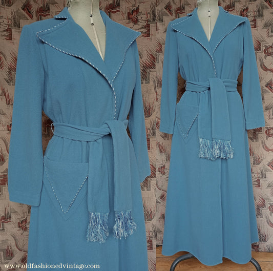 Vintage CC41 1940s Housecoat Dressing Gown Blue Wool Robe UK S/M