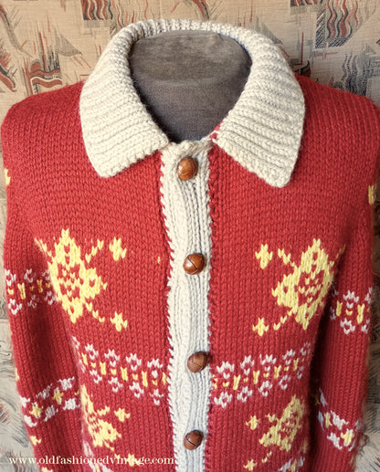 Vintage Mens 1950s Chunky Cardigan Rust Fair Isle Argyle Hand Knit Knitted Wool Jacket M