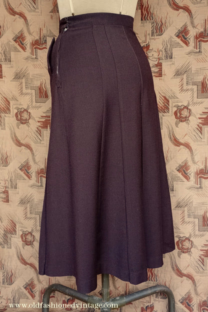 Original Vintage 1940s Skirt Dark Brown Wool High Waist Angled Pockets UK S