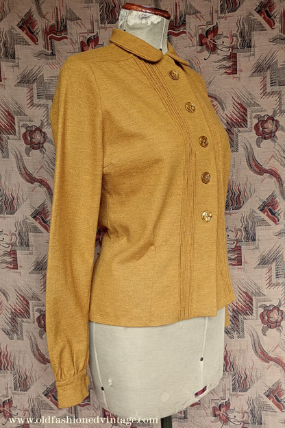 Rare 1940s Mustard Wool Jersey Blouse Long Sleeved Knit Shirt UK M