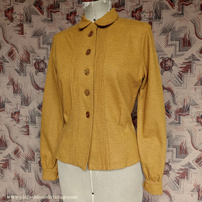 Rare 1940s Mustard Wool Jersey Blouse Long Sleeved Knit Shirt UK M