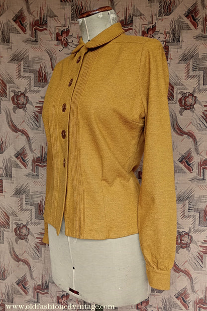 Rare 1940s Mustard Wool Jersey Blouse Long Sleeved Knit Shirt UK M