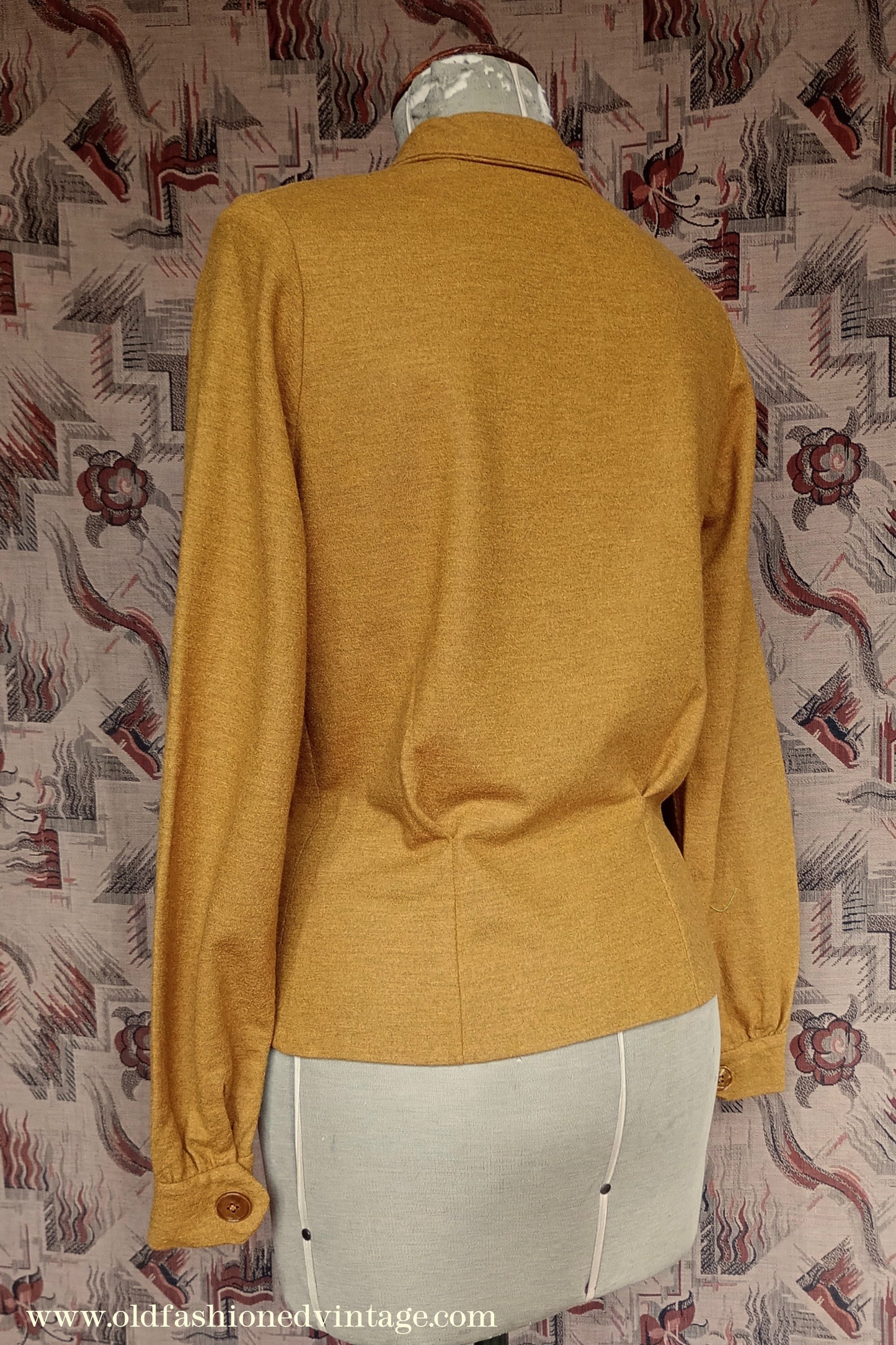 Rare 1940s Mustard Wool Jersey Blouse Long Sleeved Knit Shirt UK M