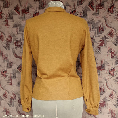 Rare 1940s Mustard Wool Jersey Blouse Long Sleeved Knit Shirt UK M