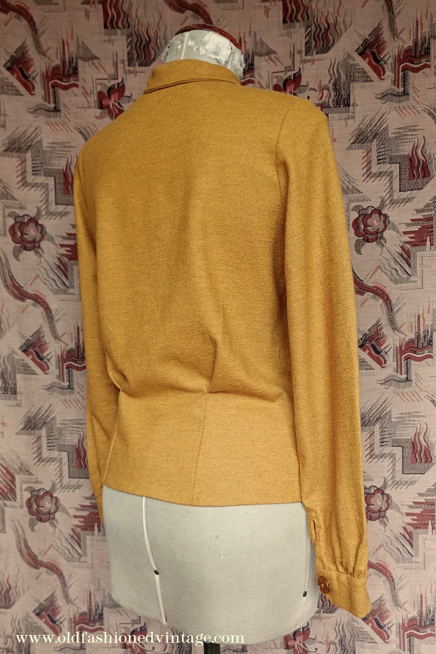 Rare 1940s Mustard Wool Jersey Blouse Long Sleeved Knit Shirt UK M