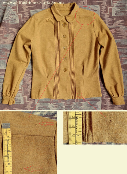 Rare 1940s Mustard Wool Jersey Blouse Long Sleeved Knit Shirt UK M