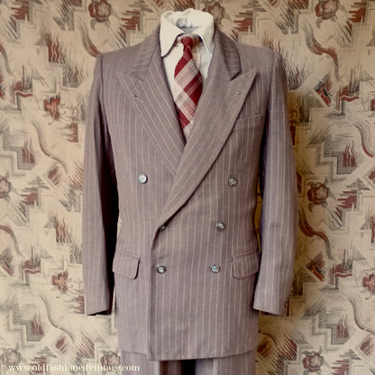 Vintage Mens 1940s Double Breasted Suit Brown Pinstripe 36"