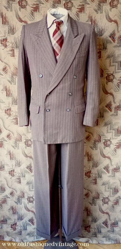 Vintage Mens 1940s Double Breasted Suit Brown Pinstripe 36"