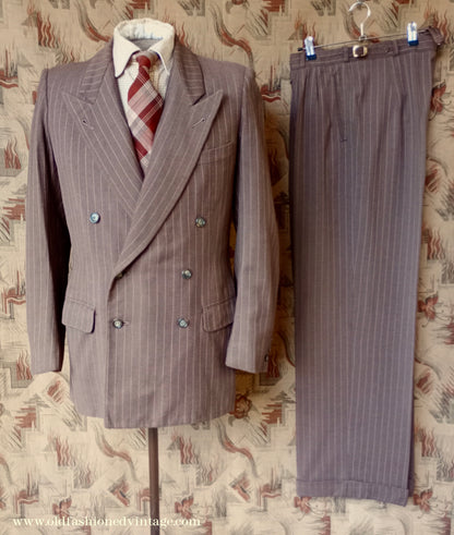 Vintage Mens 1940s Double Breasted Suit Brown Pinstripe 36"