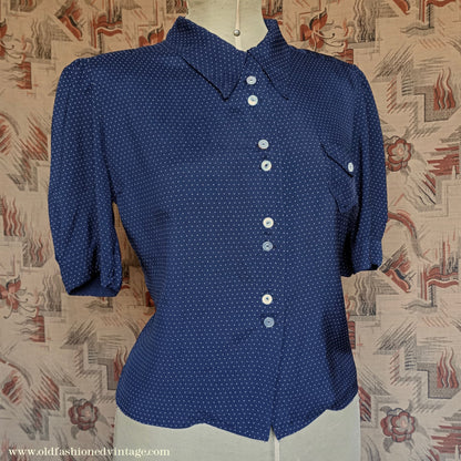 Vintage 1940s Blouse Dark Blue Spotty Rayon Short Sleeved Shirt UK M