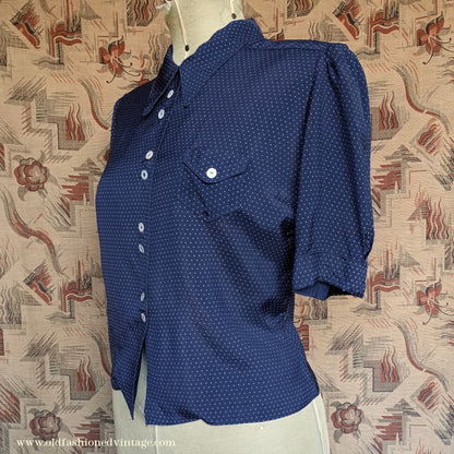 Vintage 1940s Blouse Dark Blue Spotty Rayon Short Sleeved Shirt UK M