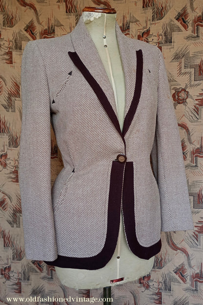 Vintage 1940s Jacket II0II Cream Brown Two Tone Fitted Blazer UK S