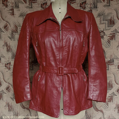 Rare Vintage 1940s 50s Red Leather Jacket Belted Zip Pockets UK S/M