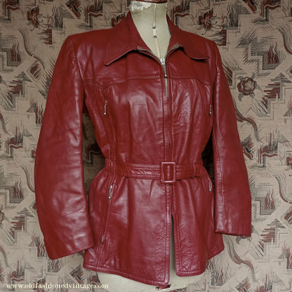 Rare Vintage 1940s 50s Red Leather Jacket Belted Zip Pockets UK S/M