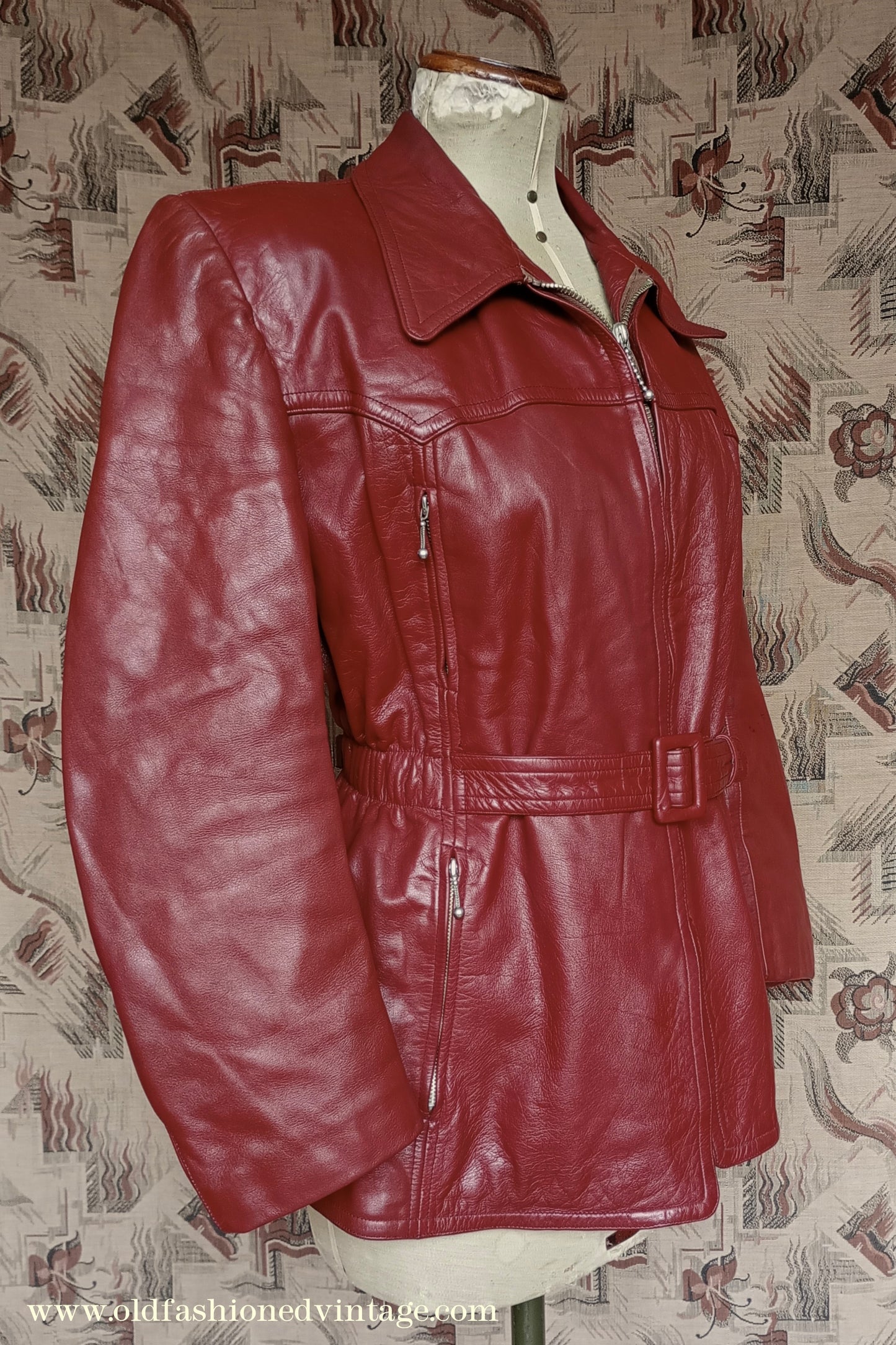 Rare Vintage 1940s 50s Red Leather Jacket Belted Zip Pockets UK S/M