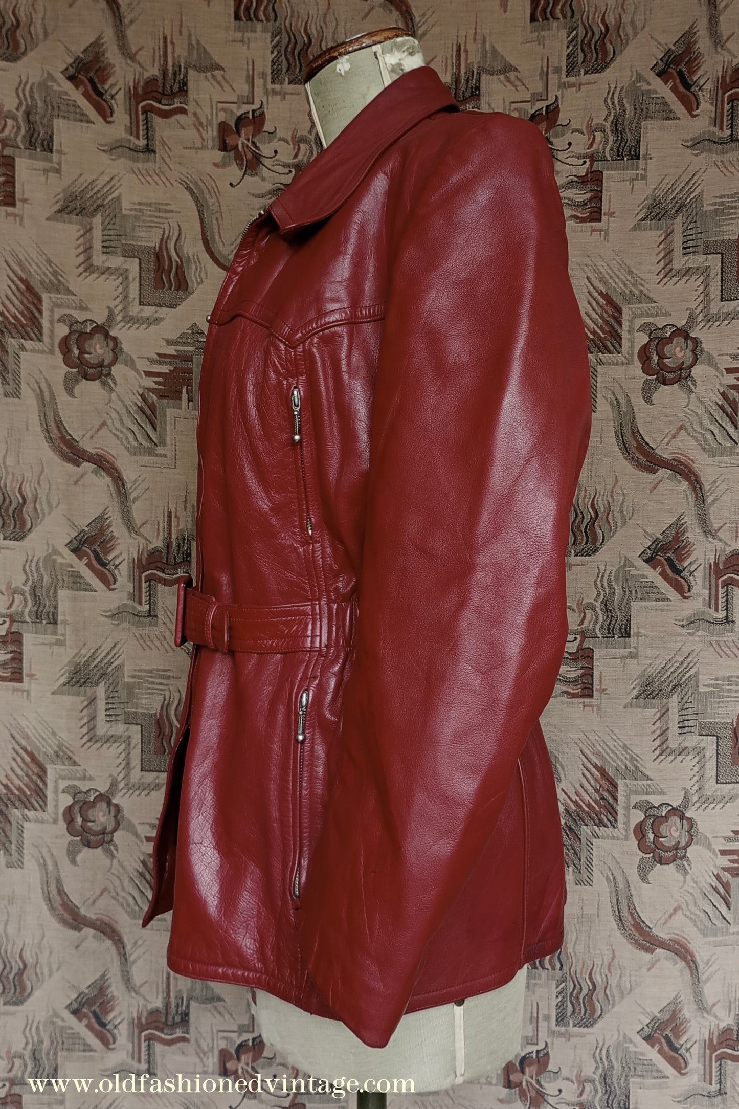 Rare Vintage 1940s 50s Red Leather Jacket Belted Zip Pockets UK S/M