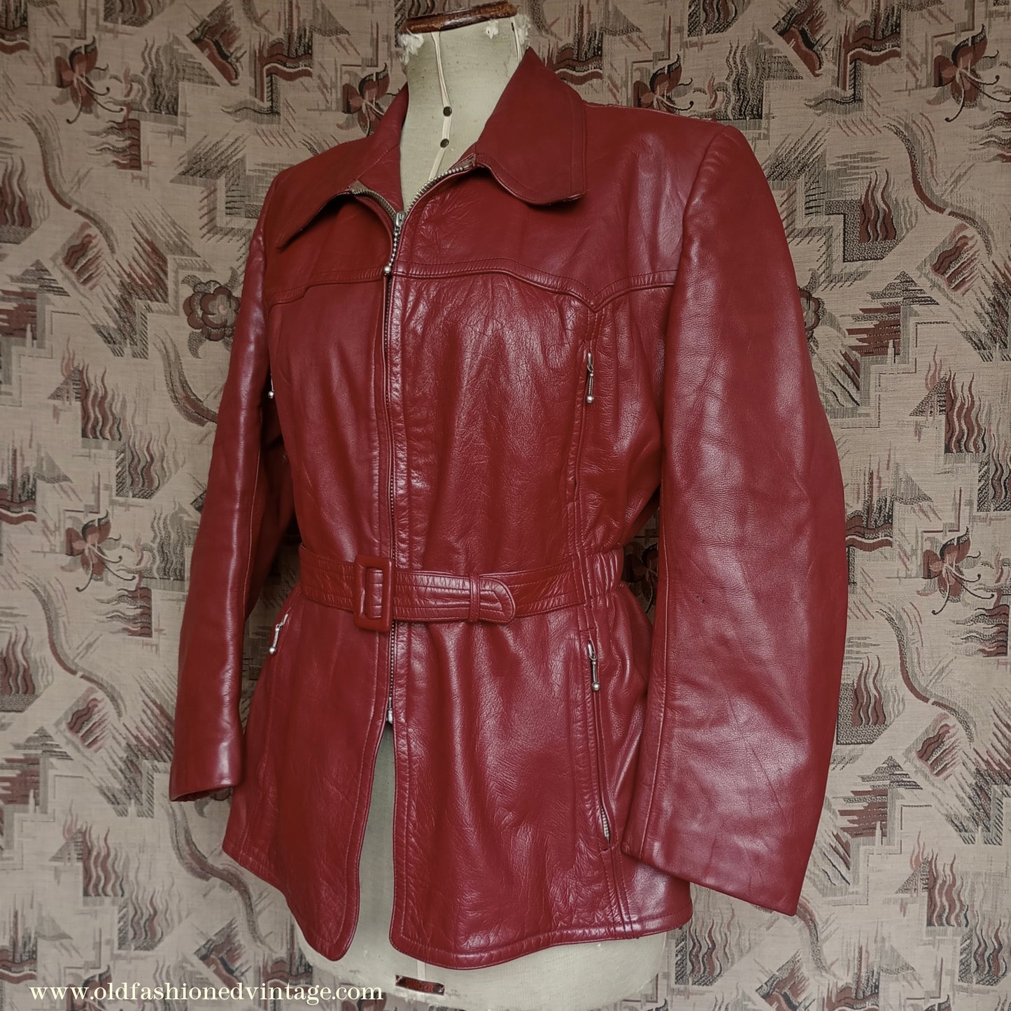 Rare Vintage 1940s 50s Red Leather Jacket Belted Zip Pockets UK S/M