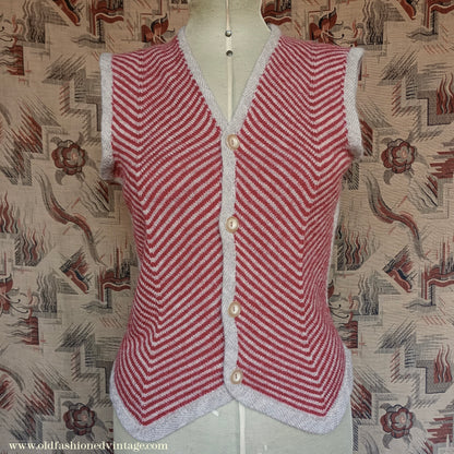 Vintage 1940s 50s Hand Knitted Chevron Striped Fair Isle Waistcoat Jerkin Wool Vest UK M