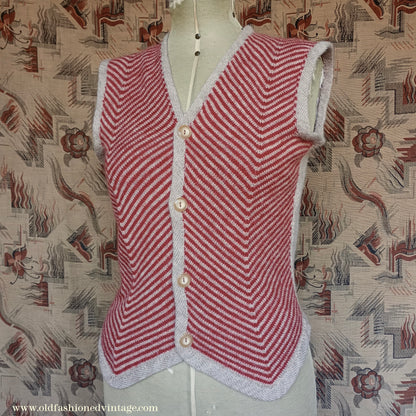 Vintage 1940s 50s Hand Knitted Chevron Striped Fair Isle Waistcoat Jerkin Wool Vest UK M