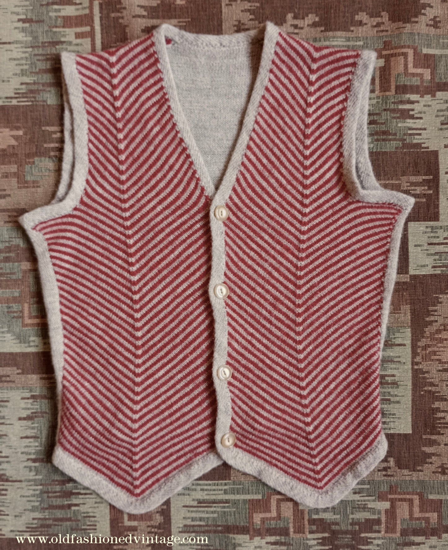 Vintage 1940s 50s Hand Knitted Chevron Striped Fair Isle Waistcoat Jerkin Wool Vest UK M