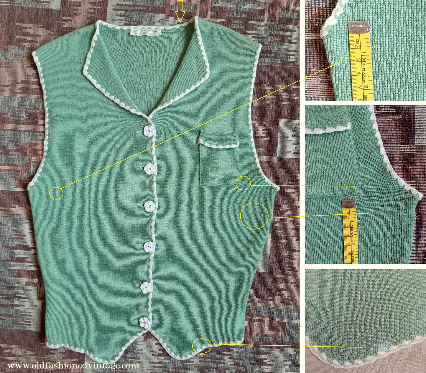 Vintage 1940s Green Knitted Waistcoat Jerkin Wool Vest UK S