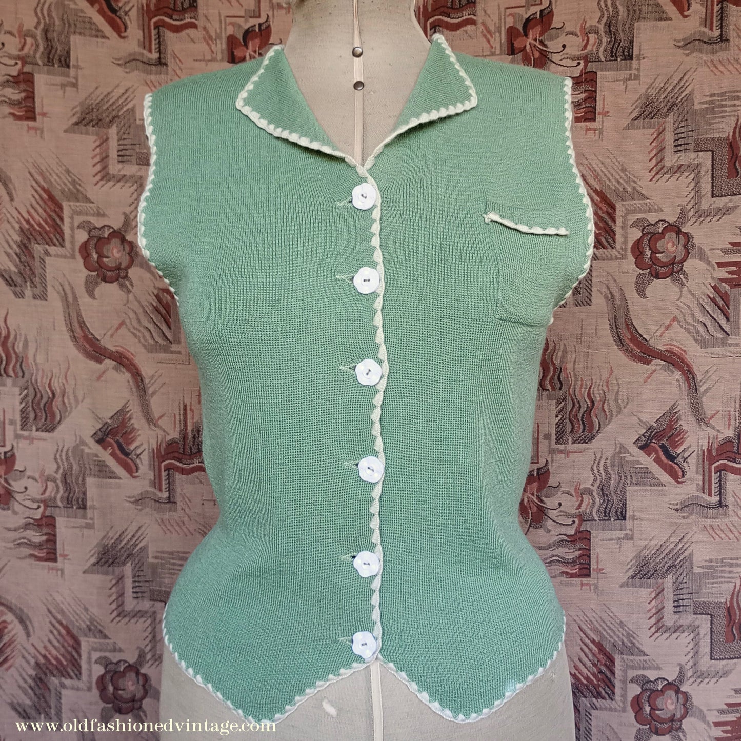 Vintage 1940s Green Knitted Waistcoat Jerkin Wool Vest UK S