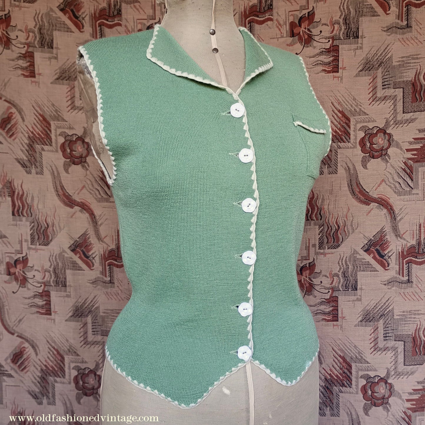 Vintage 1940s Green Knitted Waistcoat Jerkin Wool Vest UK S