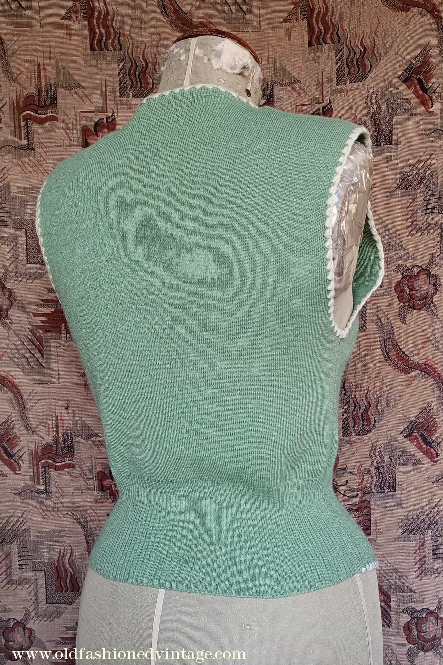 Vintage 1940s Green Knitted Waistcoat Jerkin Wool Vest UK S