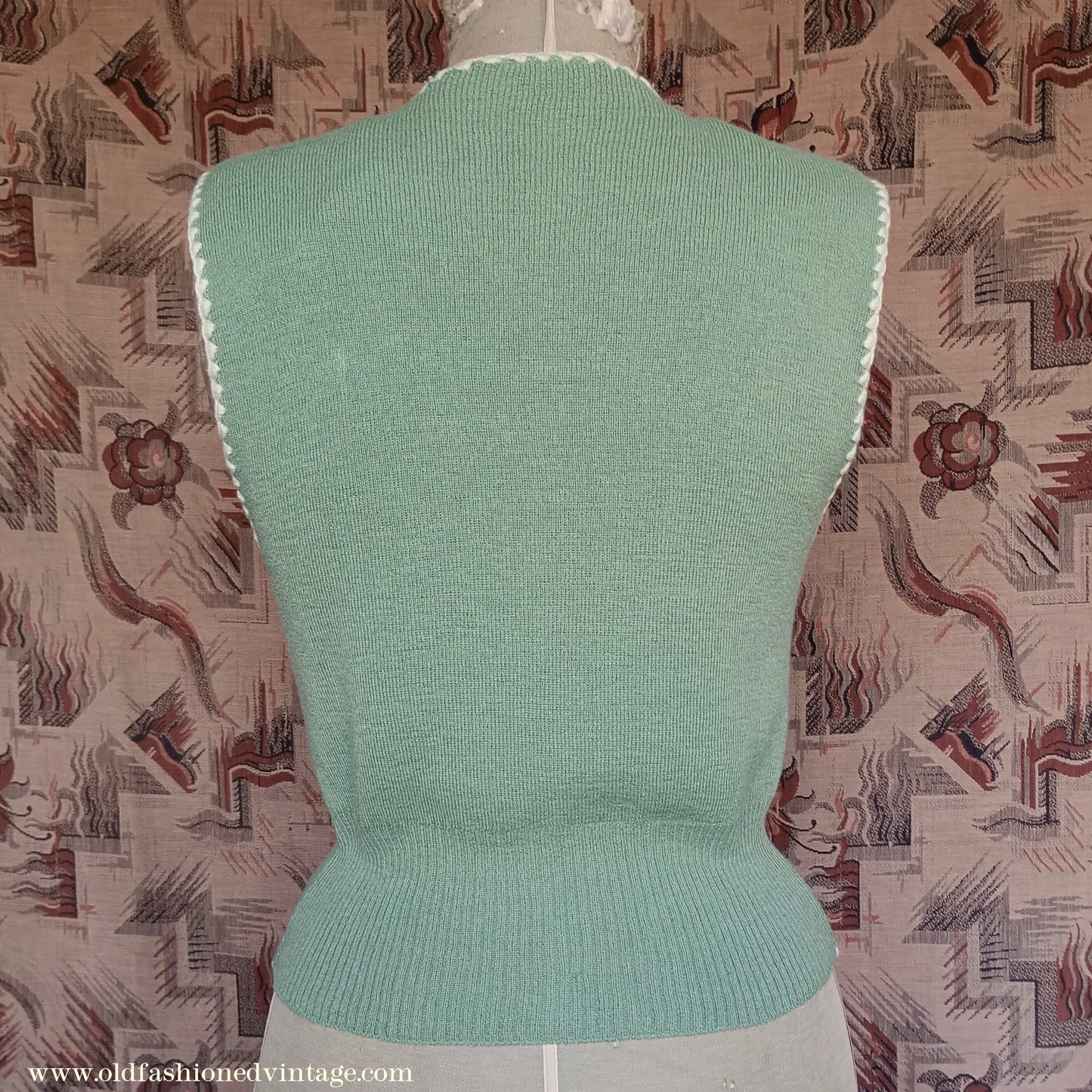 Vintage 1940s Green Knitted Waistcoat Jerkin Wool Vest UK S