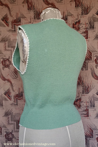 Vintage 1940s Green Knitted Waistcoat Jerkin Wool Vest UK S