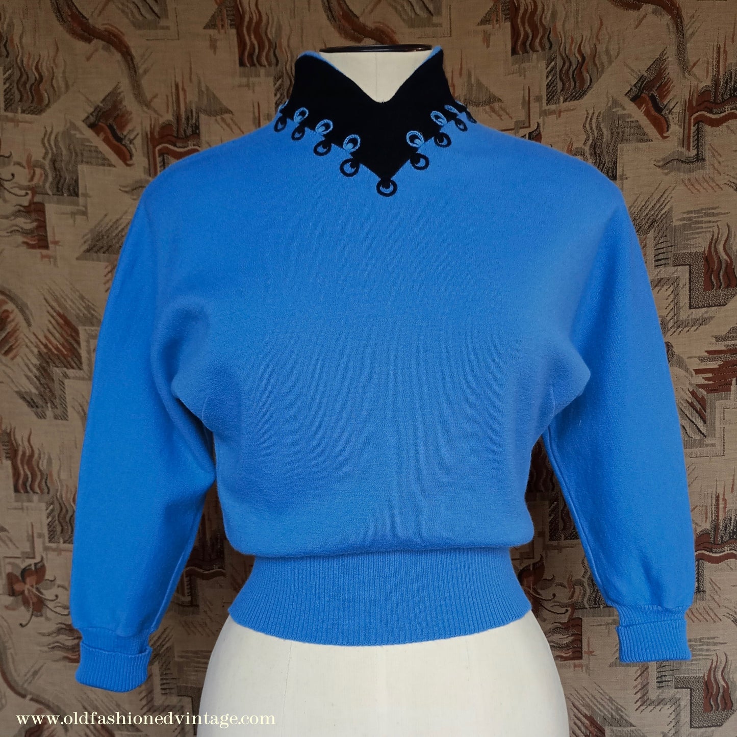 Vintage 1940s Jersey Dolman Sweater Colour Block Blue Black Jumper Top UK XS/S