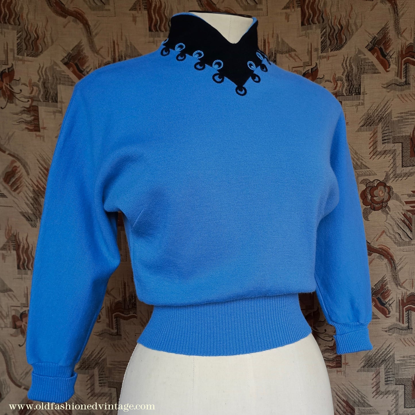 Vintage 1940s Jersey Dolman Sweater Colour Block Blue Black Jumper Top UK XS/S