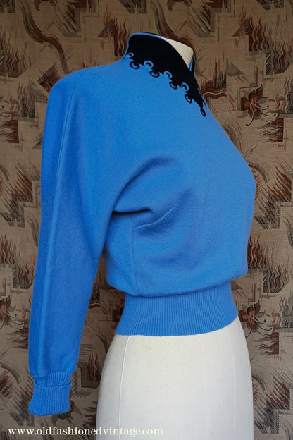 Vintage 1940s Jersey Dolman Sweater Colour Block Blue Black Jumper Top UK XS/S