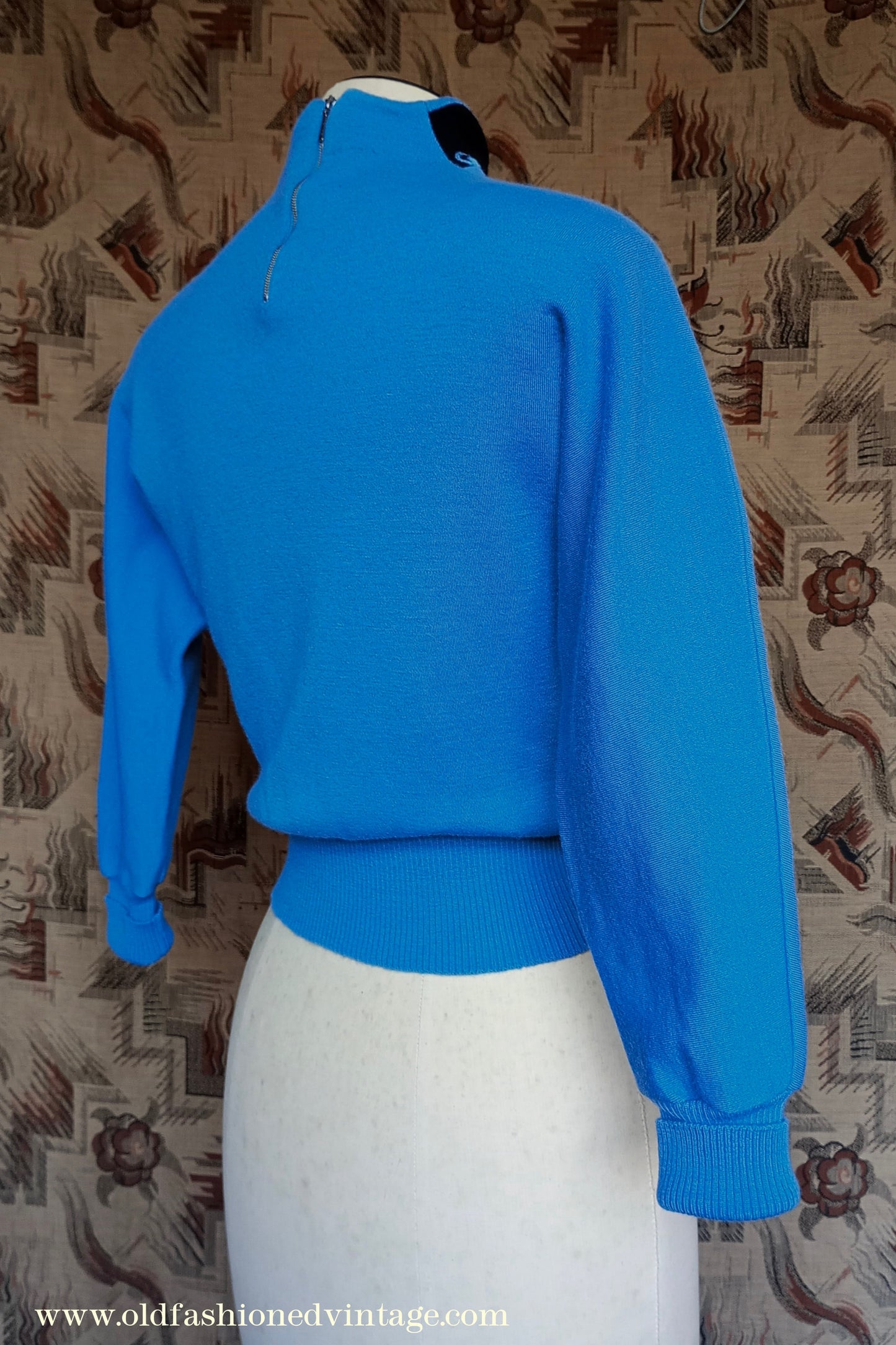 Vintage 1940s Jersey Dolman Sweater Colour Block Blue Black Jumper Top UK XS/S