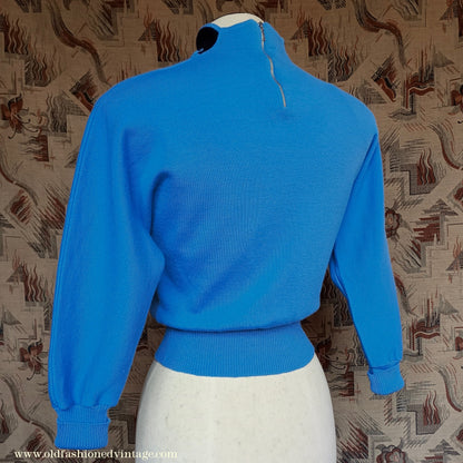 Vintage 1940s Jersey Dolman Sweater Colour Block Blue Black Jumper Top UK XS/S