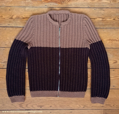 Vintage 1960s Mens Chunky Hand Knitted Zip Up Cardigan Sweater Brown Two Tone L XL