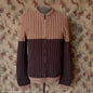 Vintage 1960s Mens Chunky Hand Knitted Zip Up Cardigan Sweater Brown Two Tone L XL